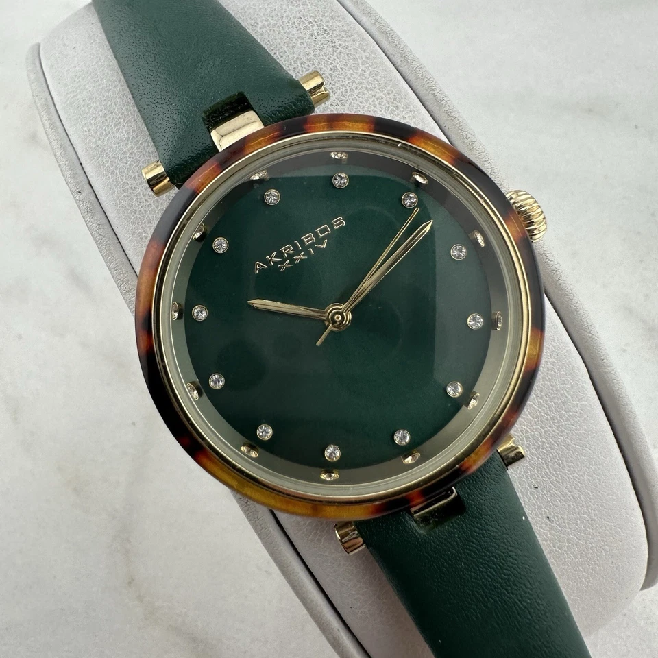 Akribos XXIV Women's Tortoise Bezel Green Dial Leather, New Battery - Image 2 of 4