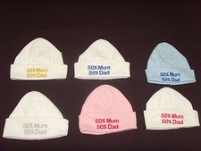 Baby 100 Cotton Embroidered Personalised Hat With The Saying 50 Mum 50 Dad