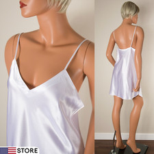    JENNIFER MOORE Negligee White Nightgown Silky Satin V-Neck Spaghetti Strap M