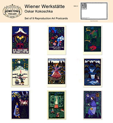 Wiener Werkstatte:  Oskar Kokoschka - Lot of (9) Rare Repro Postcards
