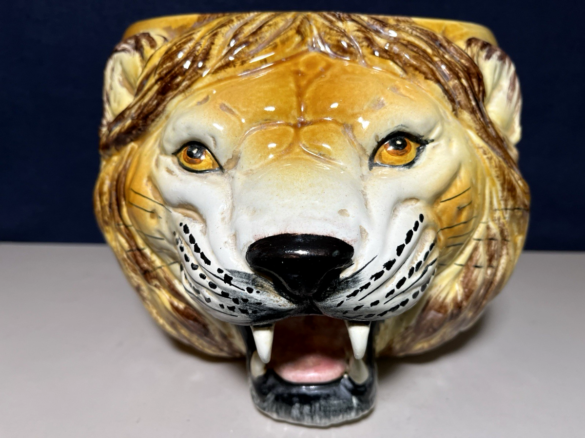 Vintage MCM Lion Head ITALY Planter Retro Hand Painted Pottery 