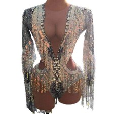 Sparkly Rhinestones Sequin Fringes Bodysuit Stretch Long Sleeve Dance Costume
