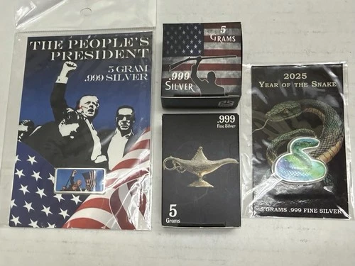 Lot of 4 - 5 Gram .999 Fine Silver Designer Bars - Trump, Lantern, Snake🐍🇺🇸👀