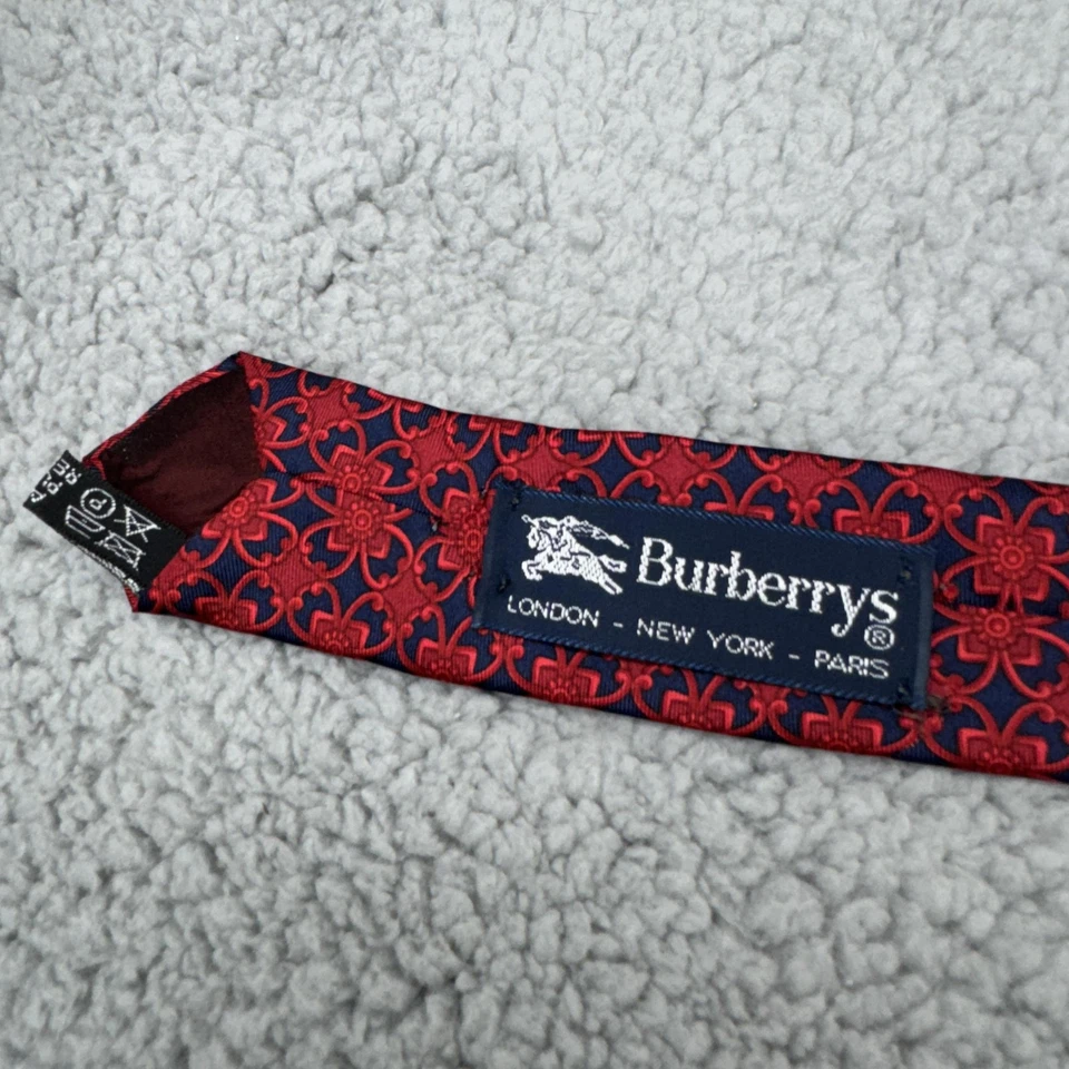 VINTAGE Burberrys Tie Mens Red Blue Silk Floral Geometric Medallion Necktie - Image 2 of 4