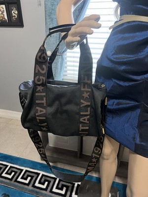 Fendi Logo Gym Bag Black Brown Gold Hardware Adjustable Strap with Pouch