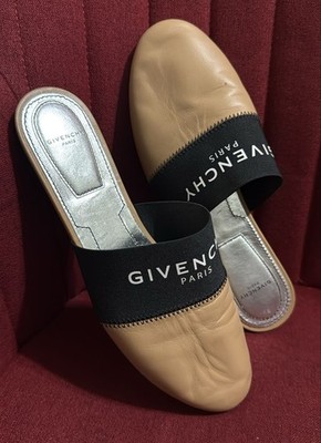 Givenchy Paris Leather Mules Slides Beige Black Logo   Women EU 37.5   Authentic