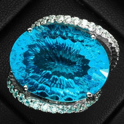 Velvety Neon Blue Tourmaline Concave 23.65Ct 925 Sterling Silver Handmade Rings