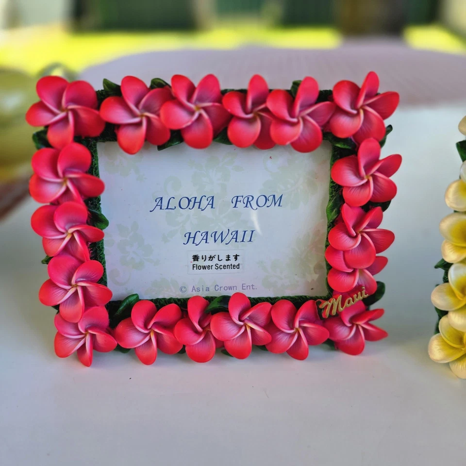 Marco de fotos perfumado con flores Aloha de Hawaii (x2) hibisco rojo y amarillo 6,5 x 5,25 Foto 4 de 4