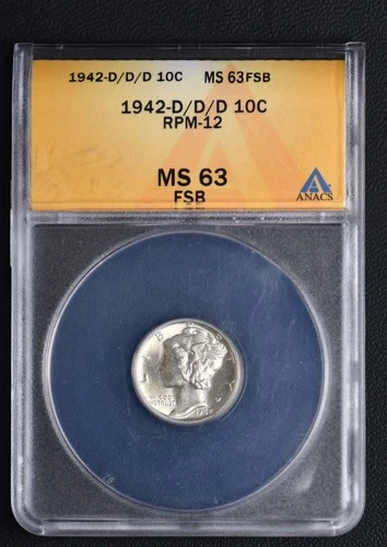 1942-D/D/D RPM-12 Mercury Dime ANACS MS 63 RARE!