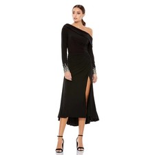 Mac Duggal 264851 Black Foldover Long Sleeve Jeweled Midi Dress 6 NEW