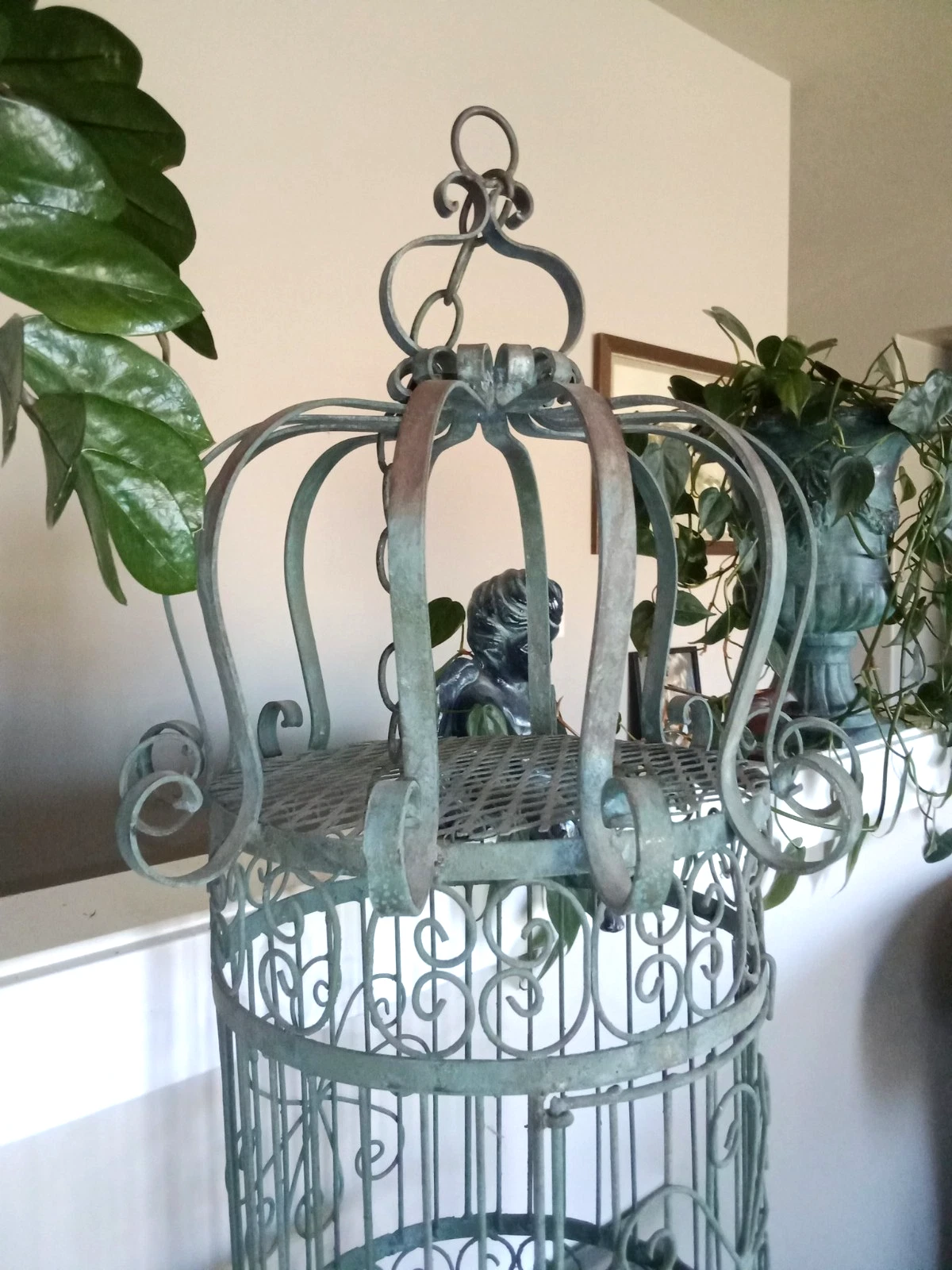 Vintage Bird Cage Ornate Victorian Crown Dome Wrought Iron Scrolls Hang or Stand