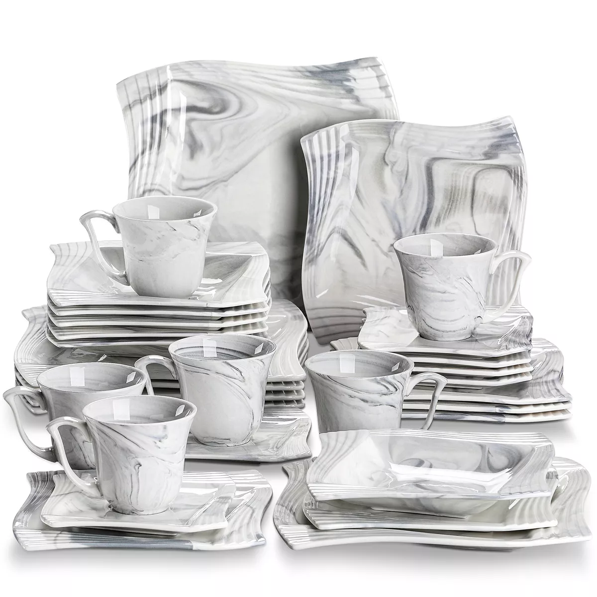 MALACASA Plates and Bowls Sets for 6, 30-Piece Marble Grey Square