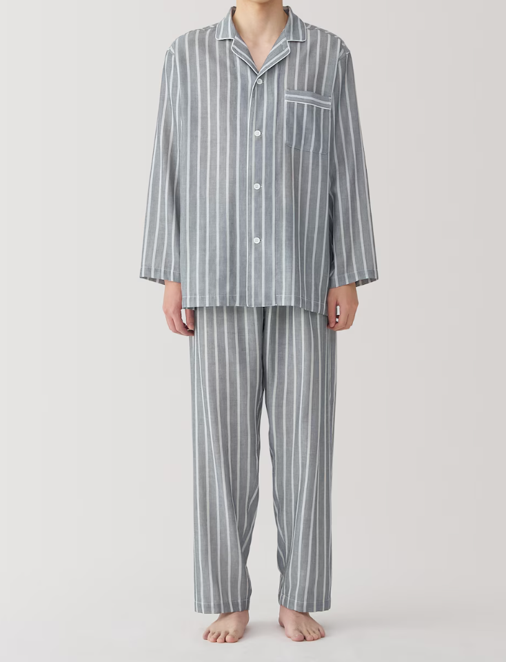 MUJI Mens 100% Organic Cotton Double Gauze Pajamas gray strip New
