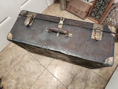 Antique Metal Trunk, Suitcase Style. Redone. Black & Copper. Old