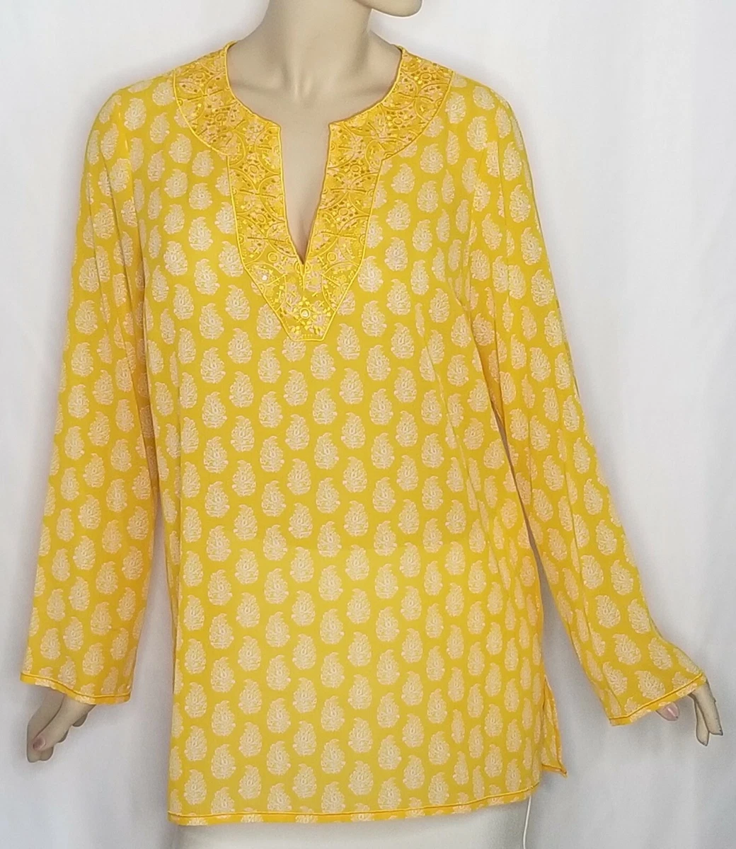 Michael Kors Taxi Yellow Paisley Print Long Sleeve Tunic Top Size L