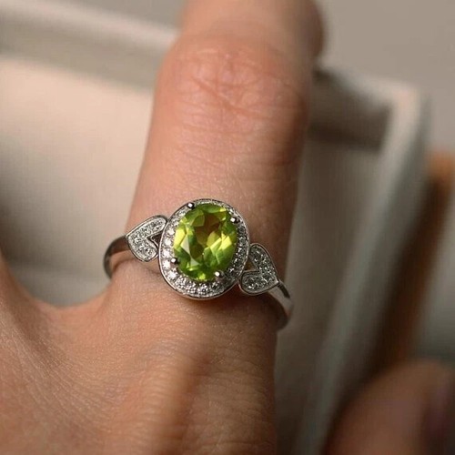 1.51 Ct Natural Peridot & Diamond Valentine's Day Ring 14K Real White Gold solid - Picture 4 of 6