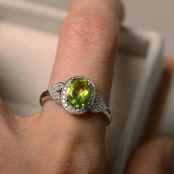 1.51 Ct Natural Peridot & Diamond Valentine's Day Ring 14K Real White Gold solid - Image 4 of 4