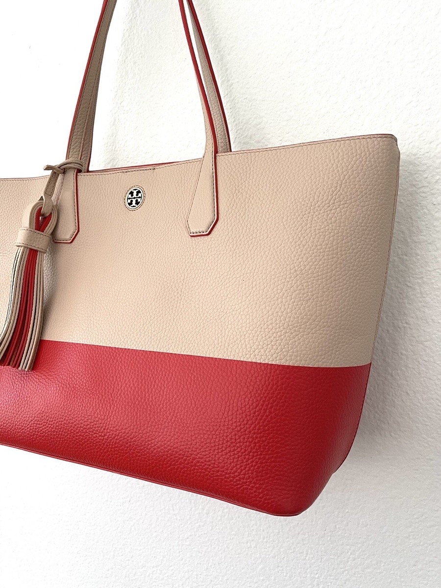 Tory Burch Large Perry Color Block Tote, Pale Pink / Red, MINT