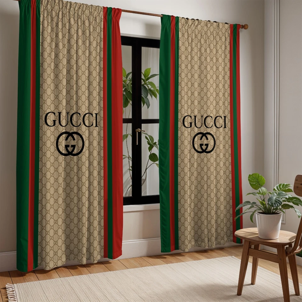 Compartir Cortina Estilo Gucci Beige Logo GG Estampado Negro Rojo Verde Rayas Ventana Decoración Foto 2 de 4