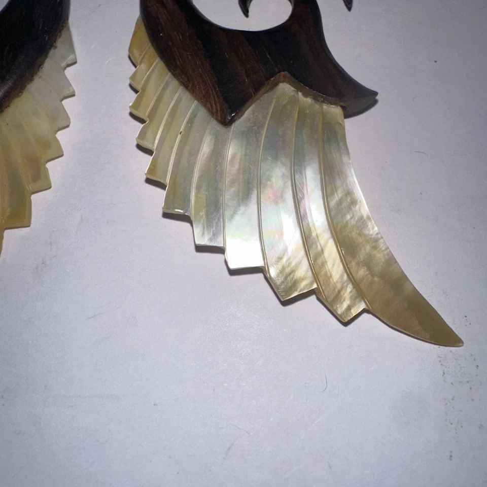 PAIR Wood & Mother of Pearl Angel Wing Tapers Plugs Expanders   Gauges - Image 3 of 4