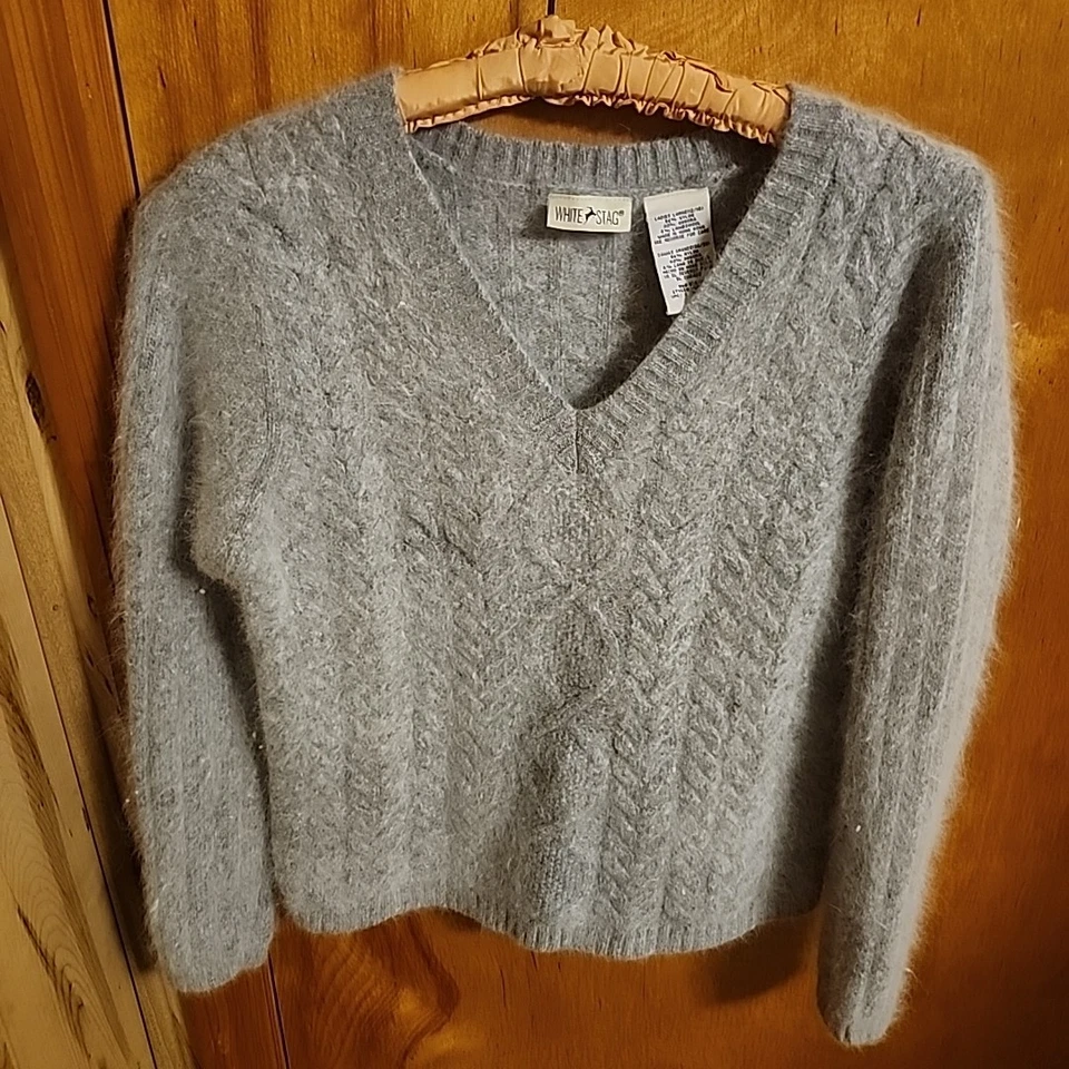 Suéter Pullover Tejido con Cable Lana de Cordero Angora De Colección Blanco Ciervo Gris Para Mujer Foto 3 de 4