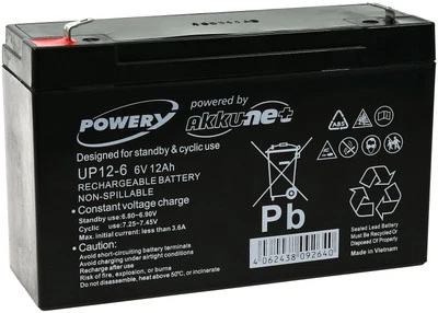 Powery Batería Plomo Gel 6V 12Ah Reemplaza Panasonic LC-R0612P 6V 12Ah/72Wh Plomo Ácido