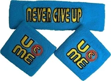 John Cena THROWBACK Never Give Up Blue WWE Headband Wristbands Sweatbands Set