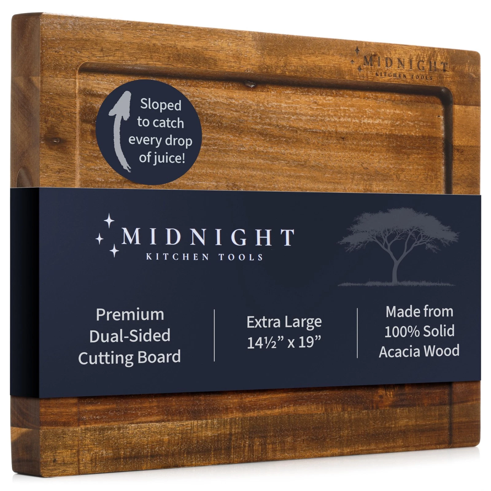 Acacia Wood Cutting Board Midnight Board - Grooved Edge, Durable & Stylish
