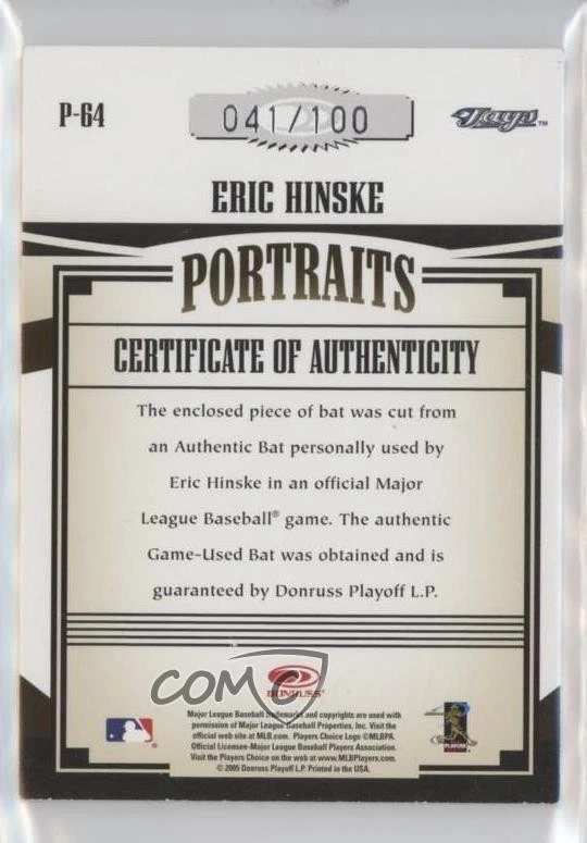 2005 Donruss Prime Patches Portraits Bat /100 Eric Hinske #P-64 - Image 2 of 2