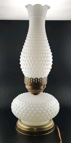 Vintage Milk Glass HOBNAIL Hurricane "Oil Lamp Style" Electric Table Lamp 16"