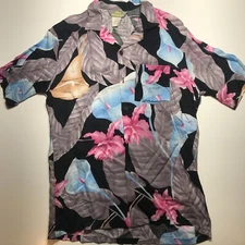 Vtg Fast Breakers Black Gray Hawaiian Print Summer Vacation Button Up Shirt Sz M