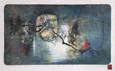 Lebadang (aka Hoi), Winter Tree in Moonlight, Lithograph on Japon, mounted to Ar
