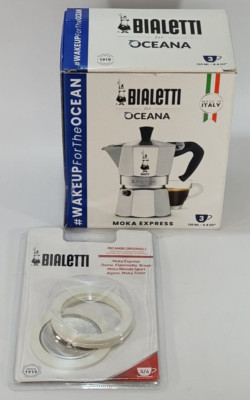 Bialetti, Moka Express Kanne für die Herdplatte 130ml (3 Tassen) ,+ Ersatzteile