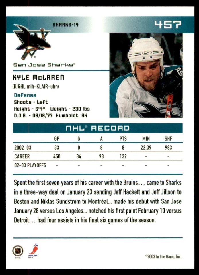 2003-04 In The Game Action Kyle McLaren #457 - Image 2 of 2