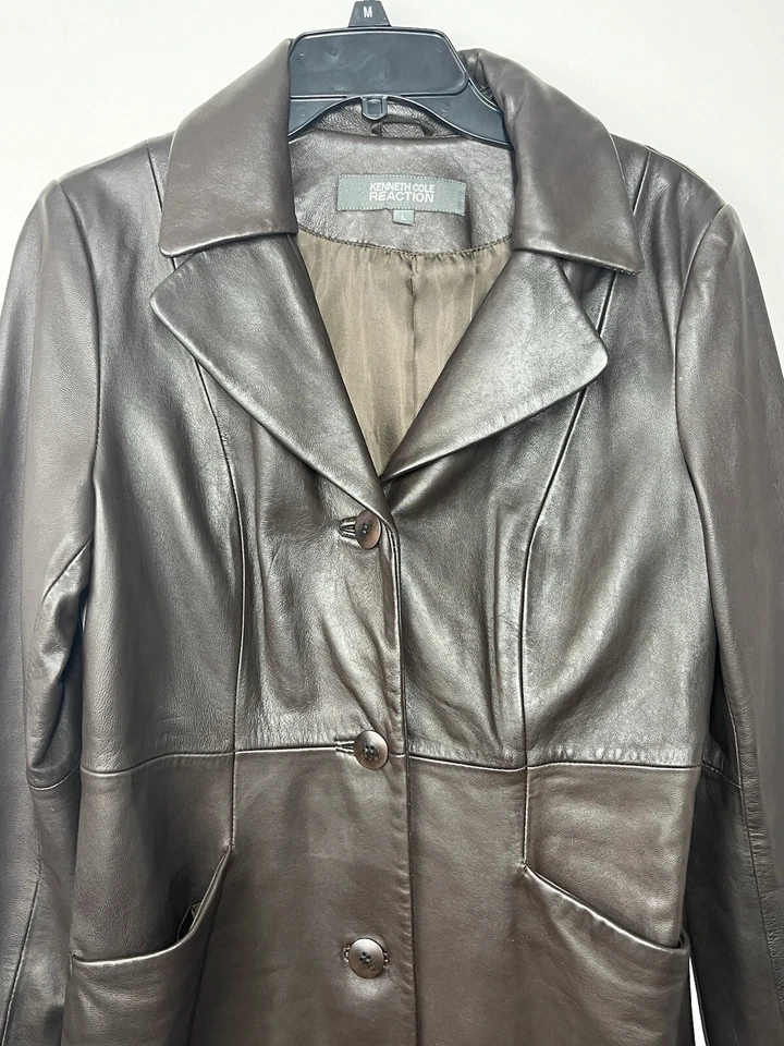 Kenneth Cole Reaction 长线皮革风衣夹克女式大号棕色 — 第 3/4 张图片