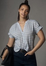 Anthropologie Tatum Flutter Sleeves Blouse/ Pilcro Striped Cotton Light Blue Xl