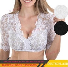 Damen Sexy Spitze Dirndlbluse 3/4 Arm Trachten Bluse Oktoberfest Wrap Crop Weiß