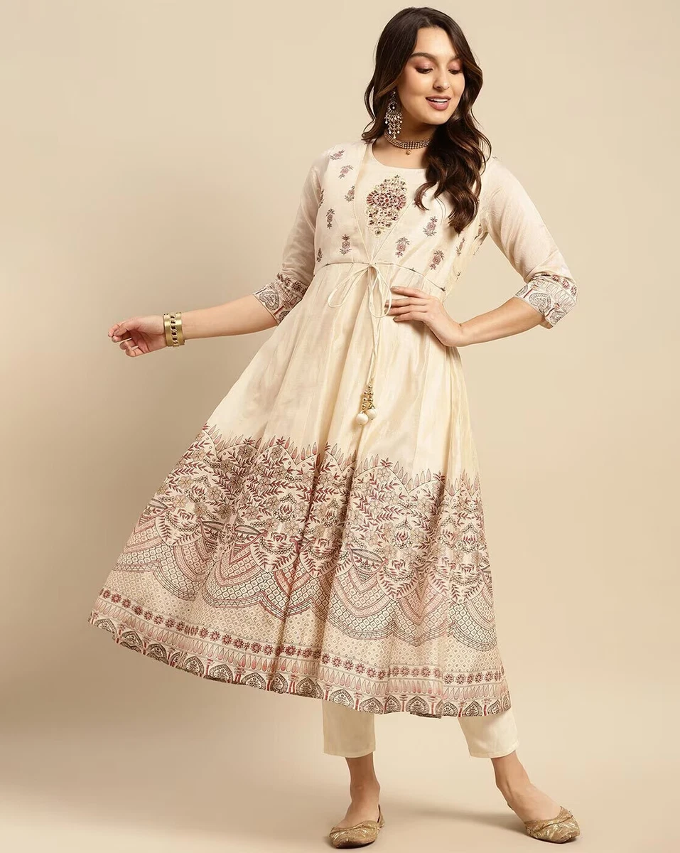 Indian Women Chanderi Silk Embroidered Anarkali Kurta Kurti Dress Top Tunic