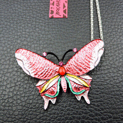 BETSEY JOHNSON PINK BUTTERFLY WINGS CRYSTAL AND ENAMEL NECKLACE & EARRINGS 