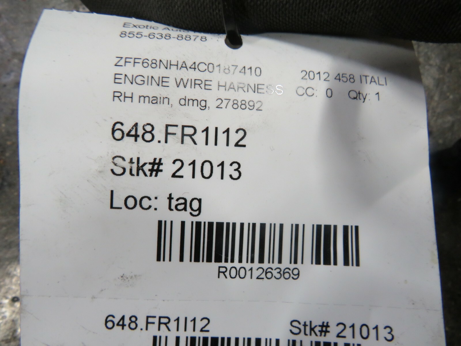 Ferrari 458 Italia, Spider, RH, Engine Injection Wire Harness, Used, P/N 278892