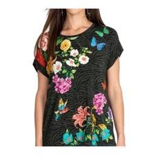 Johnny Was Blooming Breeze Short Floral Tee Crew Neck Shirt Black Top Medium NEW