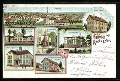 Lithographie Rappenau, Sophie Luisenbad, Bäckerei v. H. Muth, Neues Schulhaus 