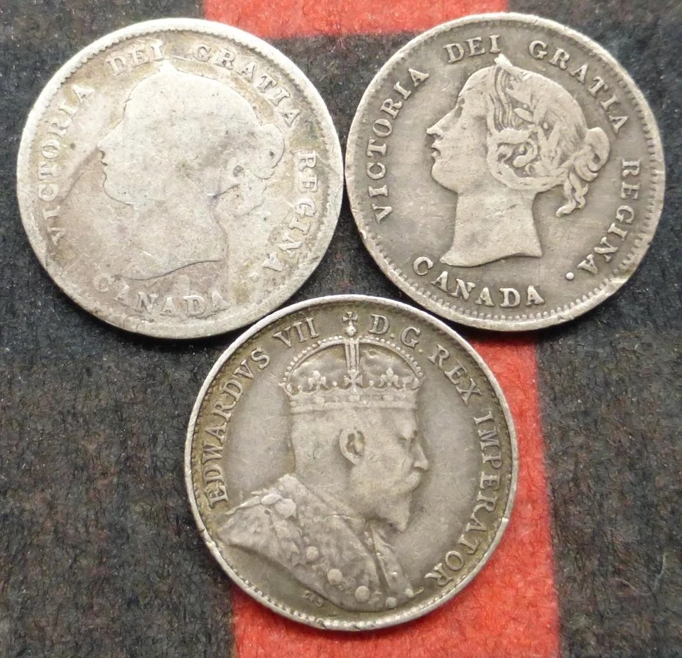 3 Canadian Sterling Silver 5-Cent Coins, 3 Canada Coins, 1891, 1899, 1906 - Image 2 of 4