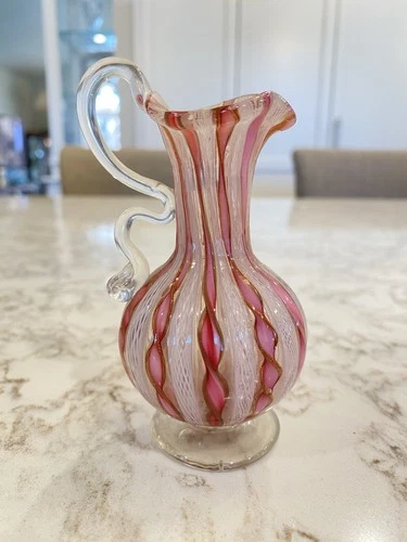 Vintage Murano Italy Venetian Zanfirico Latticino Ribbon Glass Pitcher/Vase