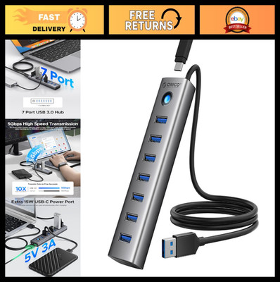 7-Port USB 3.0 Hub Aluminum Adapter, 5Gbps USB Splitter with 3.28Ft Cable for PC