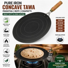 PURE IRON Tawa PARANTHA ROTI Pan Wooden Handle HEAVY DUTY Dough UK Chapatti TAVA