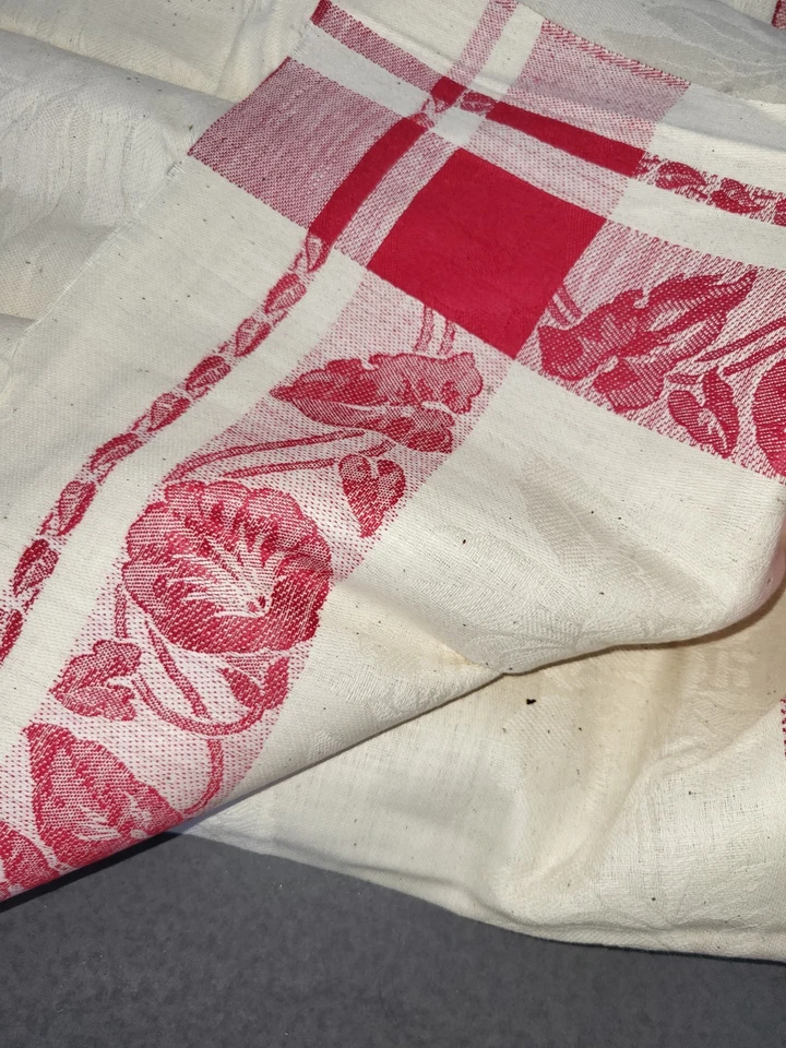 Ancienne Toile À Torchon Damassée Rouge Et Blanc - Photo 4/4
