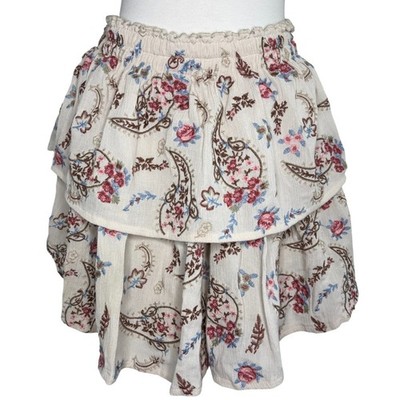 Mi Ami Floral Embroidered Tiered Mini Skirt Cream Small Fairy Cottagecore Boho