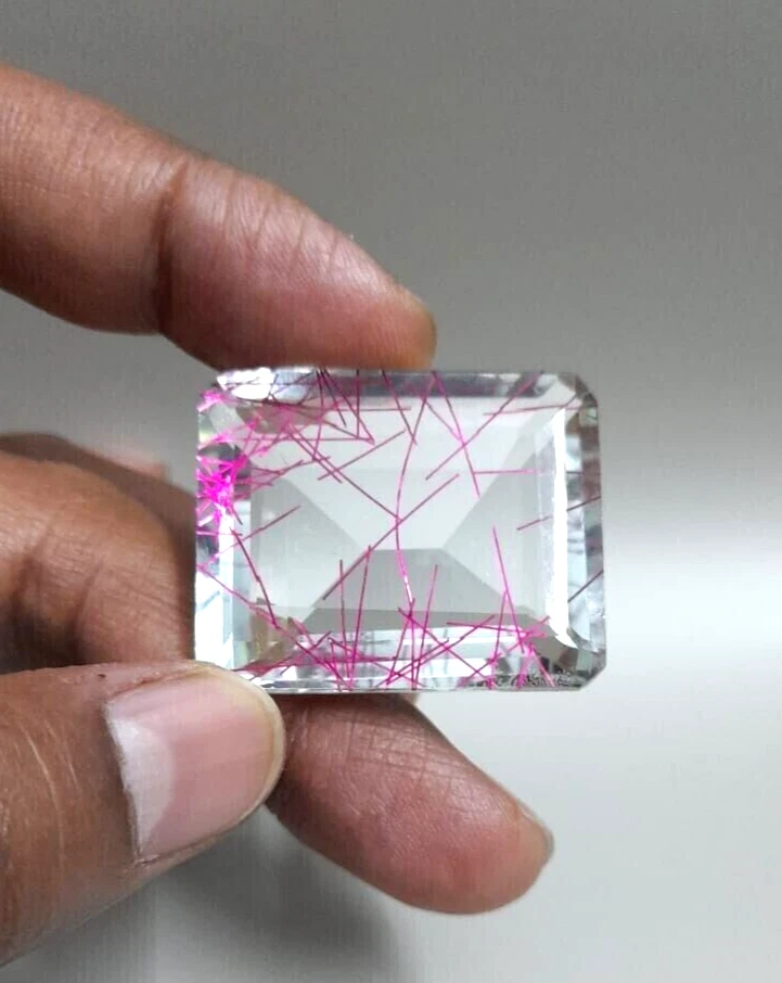 112.8 Ct Emerald Cut Lab-Created Pink Rutilated Quartz Loose Gemstone CERTIFIED - Image 3 of 4