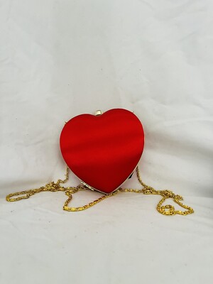 Heart Shape Evening Bag With Detachable Chain Shoulder Strap-Red Satin-Stunning!